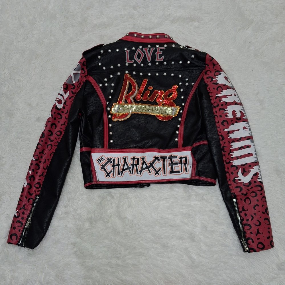 Red Black Moto Embellished Jacket Patchwork Studd… - image 6